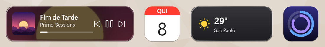 Widgets de música com a capa, calendário, clima e atividade no Dock do Windows